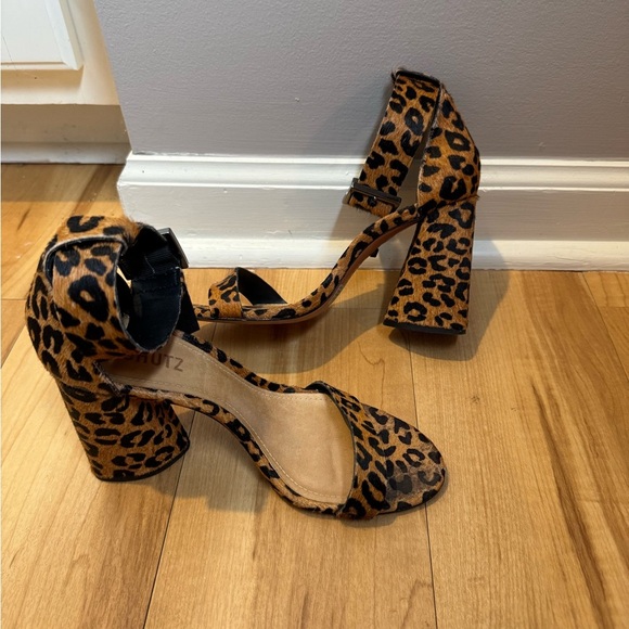 Women's Schutz Leopard Ankle Strap Buckle Open Toe Blocked Heels - Picture 1 of 7